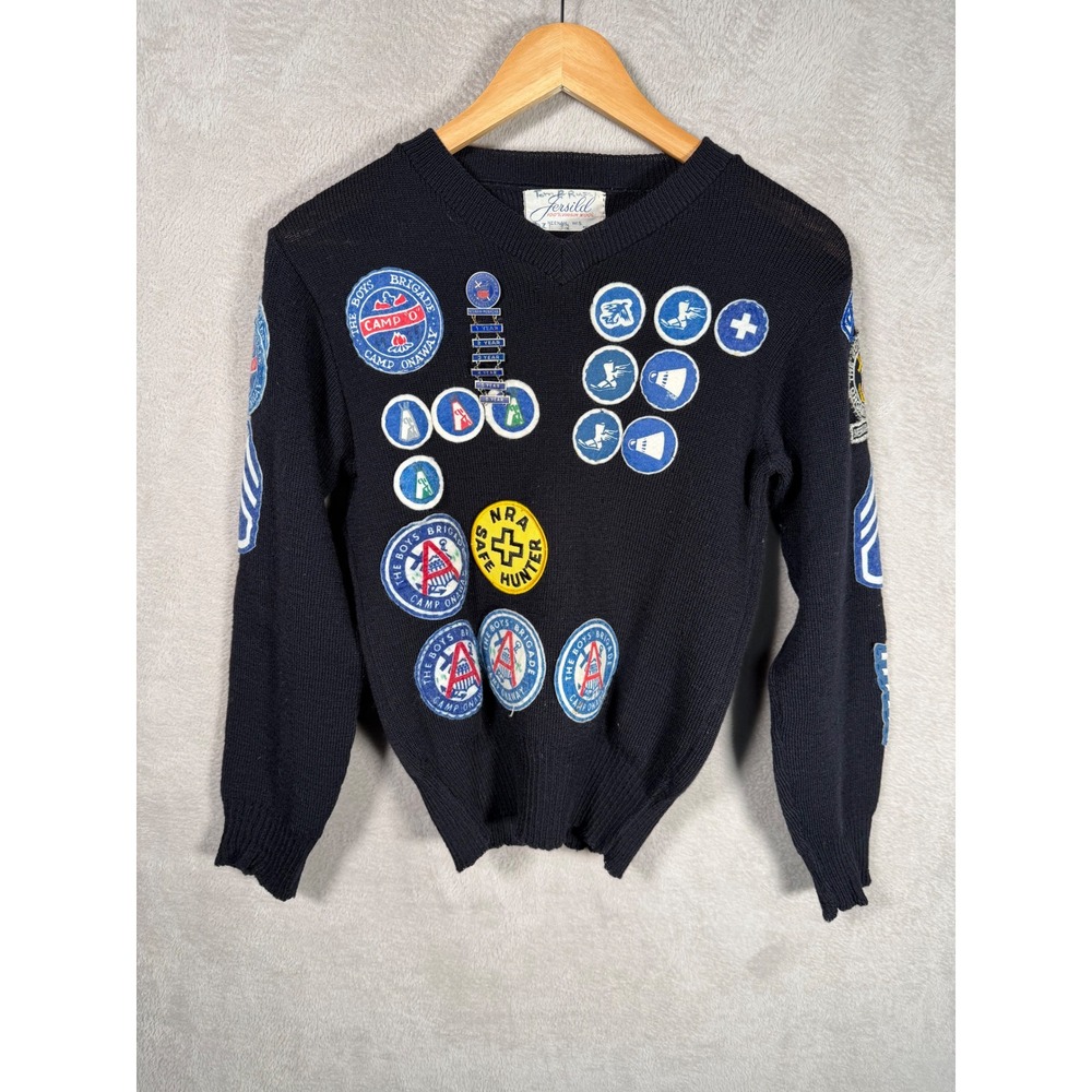 Vintage 70's Wool Boy Scouts Boys Brigade Patch Sweater Black V-Neck Size 32